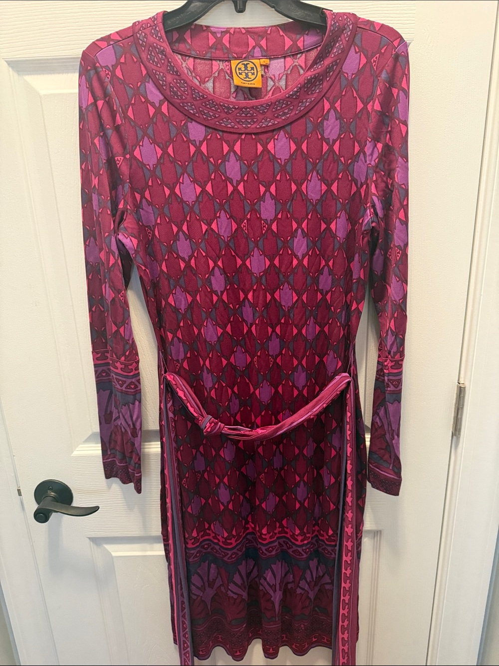 Tory Burch Fuchsia & Purple Long Sleeve Printed Belted Dress